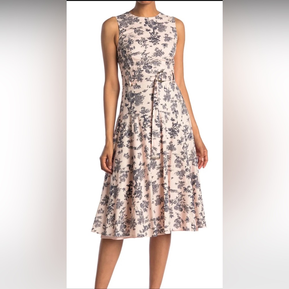 Tommy Hilfiger Toile De Jouy Floral Sleeveless Belted Midi Dress, Size 2